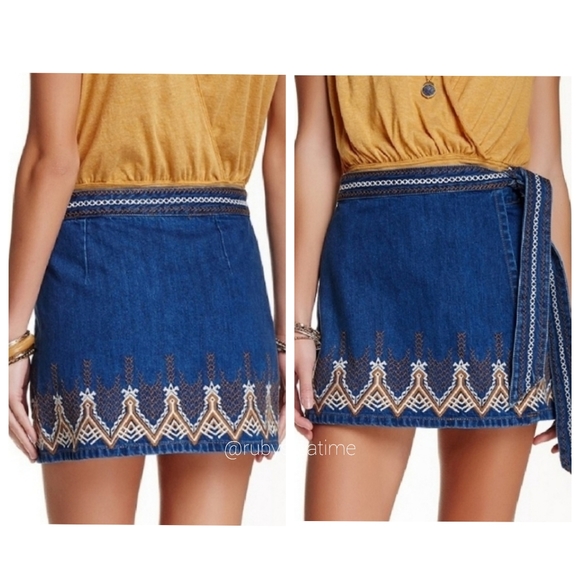 FREE PEOPLE Denim Wrap Tie Skirt, Aztec Boho Embroidery, Hendrix Skirt, NWT - Picture 2 of 9